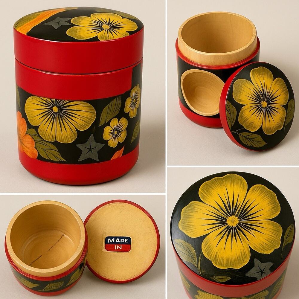 Kashmir India Hand-Painted Floral Lacquer Wooden Lidded Canister Jar